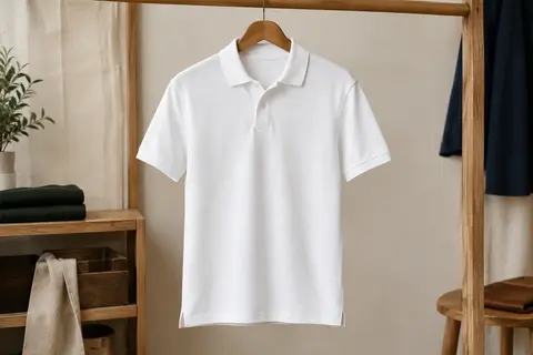 Polo de tennis blanc pour homme sur cintre, avec col à deux boutons et dos en maille