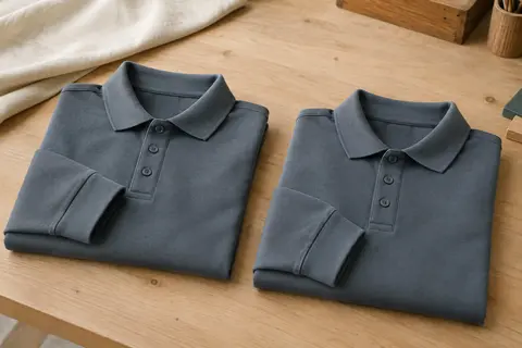 Deux polos homme à manches longues en coton piqué, pliés sur une table en bois dans un atelier épuré.