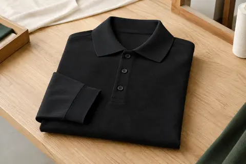 Polo de golf noir à manches longues en maille piquée, plié sur une table en bois clair.