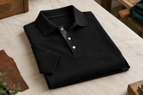 Polo de rugby noir en mélange de coton, avec col côtelé, patte renforcée et fentes latérales.