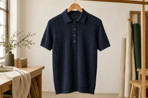 Polo homme bleu marine en maille torsadée, suspendu sur un cintre dans un atelier épuré.