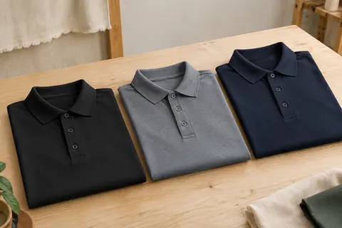 Trois polos pour homme en polyester, noirs, gris et marine, pliés dans un atelier lumineux