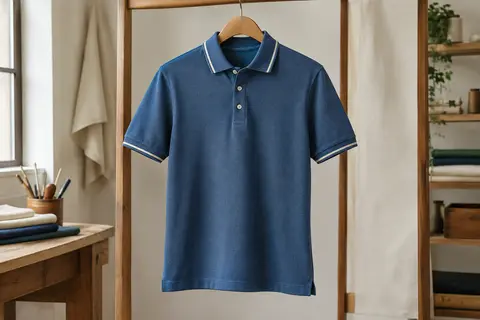 Polo homme en coton piqué bleu denim sur cintre, avec col classique et détails contrastés