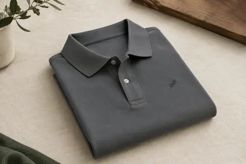 Polo homme uni à manches courtes, col classique et détail brodé, plié sur une toile claire