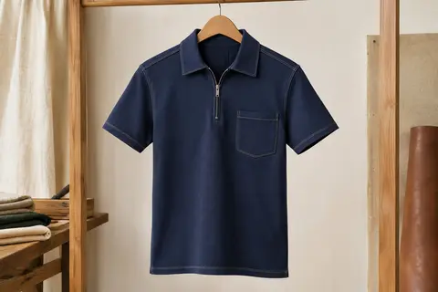 Polo homme bleu foncé en coton, avec col zippé, poche poitrine et manches courtes, sur cintre en bois.