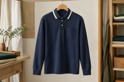 Polo homme bleu marine à manches longues, col contrasté et poche poitrine sur un cintre en bois