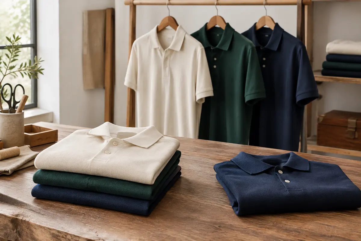 Polos pour homme pliés et sur cintre dans un atelier vestimentaire aux tons écru et bleu marine.